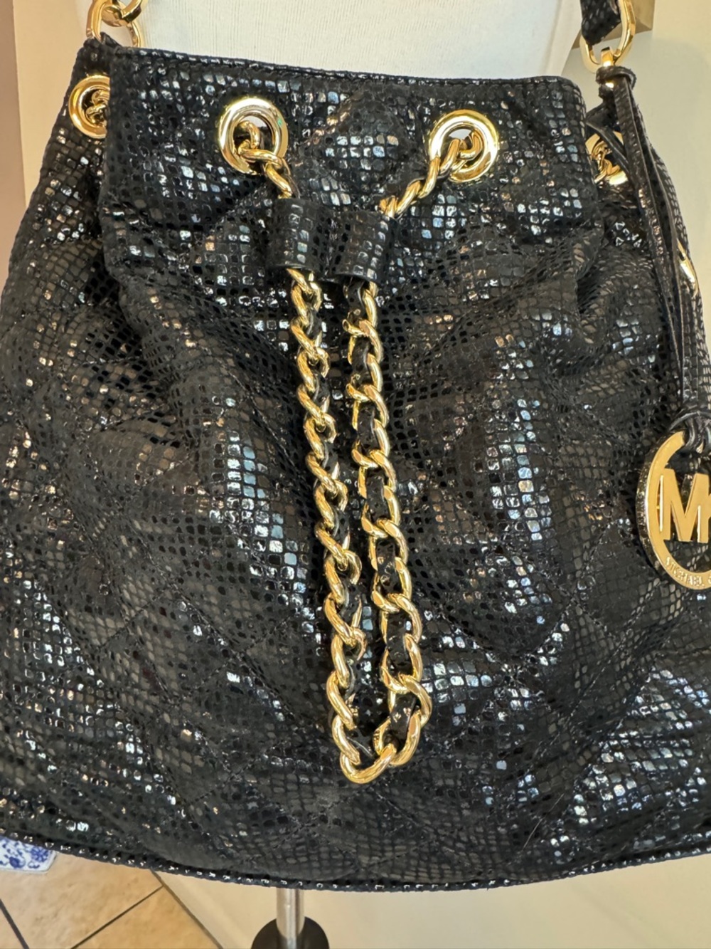 Michael Kors Black Sequin Drawstring Shoulder Bag with Gold Hardware - Picture 2 of 7